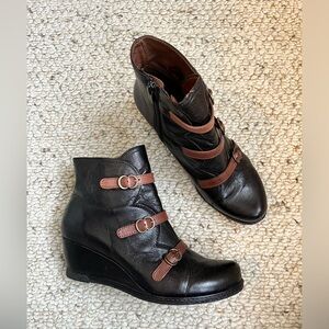 Eric Michael Black Leather Ankle Boots with Brown Straps